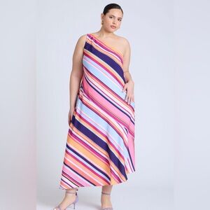 Eloquii Pink and Blue Asymmetrical One-Shoulder Sundress